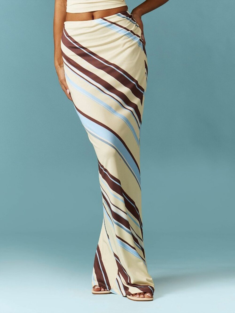 Multicolor Boho Women's Diagonal Stripe High Waist Bodycon Maxi Skirt - Picture 5 of 6